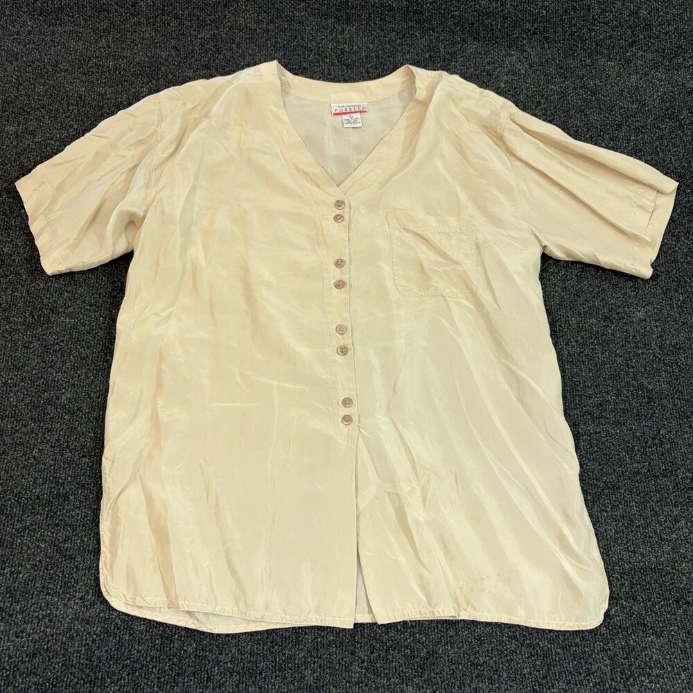 Forelli Blouse Womens L Beige 100% Silk V Neck Short Sleeve Button Tunic Top